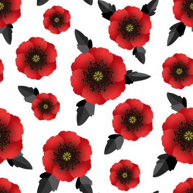 Kusursuz desenli kırmızı gelincikler beyaza izole edilmiş. Unutmayalım diye hatırlatma günü. Anzak günü. Uluslararası barış sembolü kırmızı gelincik çiçeği. Tasarım posterleri, afişler, web sitesi başlıkları için harika. Vektör