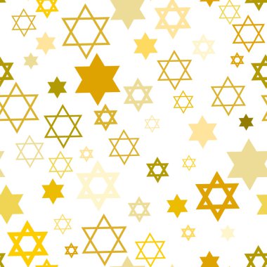 Davut 'un Yıldızı' nda kusursuz desen. İsrail 'in geleneksel sembolü beyaz arka planda izole edilmiş. Hanuka geçmişi. Arkaplan, afiş, kart, poster, ağ, tekstil şablonu. Vektör