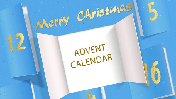 クリスマスのアドベンチャーカレンダーのドアを開く ライトブルーの背景に現実的なオープンワイドドア メッセージを明らかにするテンプレート メリークリスマスのポスターコンセプト フェスティバルベクトルイラスト — ストックベクタ