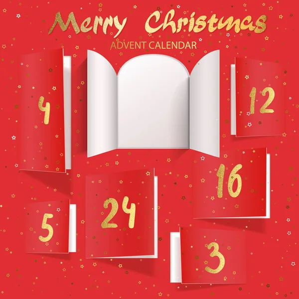 クリスマスのアドベンチャーカレンダーのドアを開く 赤の背景に金の文字を持つ現実的なオープンワイドドア メッセージを明らかにするテンプレート メリークリスマスのポスターコンセプト フェスティバルベクトルイラスト — ストックベクタ