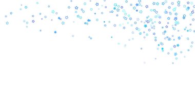 Güzel desenli mavi yıldızlar uçar. Beyaz arka planda izole edilmiş yıldız tozu olan parlak mavi bir arka plan. Parlayan küçük yıldızların çerçevesi. Lüks, parlak, rastlantısal yıldız düşüşü. Vektör