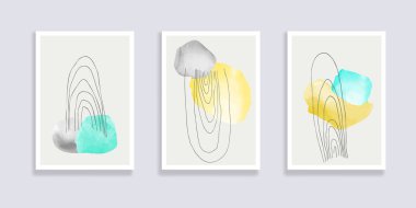Modaya uygun bir suluboya seti. Minimalist, soyut el boyası çizimleri. Soyut kompozisyonlar çeşitli şekiller çizer. Duvar dekorasyonu, kartpostal ya da broşür kapağı tasarımı için harika. Vektör
