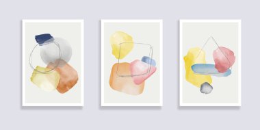  Modaya uygun bir suluboya seti. Minimalist, soyut el boyası çizimleri. Soyut kompozisyonlar çeşitli şekiller çizer. Duvar dekorasyonu, kartpostal ya da broşür kapağı tasarımı için harika. Vektör