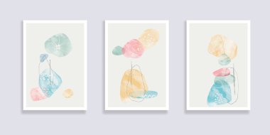  Modaya uygun bir suluboya seti. Minimalist, soyut el boyası çizimleri. Soyut kompozisyonlar çeşitli şekiller çizer. Duvar dekorasyonu, kartpostal ya da broşür kapağı tasarımı için harika. Vektör