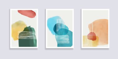  Modaya uygun bir suluboya seti. Minimalist, soyut el boyası çizimleri. Soyut kompozisyonlar çeşitli şekiller çizer. Duvar dekorasyonu, kartpostal ya da broşür kapağı tasarımı için harika. Vektör