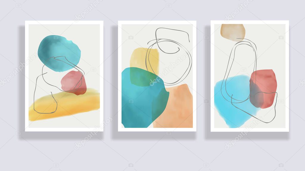  Trendy set of watercolor minimalistic abstract hand painted illustrations. Abstract compositions doodles various shapes. Great for design wall decoration, postcard or brochure cover design. Vector