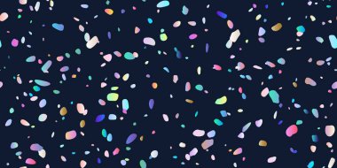 Gökkuşağı konfetisini memnun eden şenlikli, pürüzsüz desenli bir düşüş. Takdire şayan parlak arka plan ve siyah üzerine rastgele parçacıklar. Renkli yıldızları kutluyoruz. Karnaval için şablon vektör çizimi