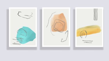  Modaya uygun bir suluboya seti. Minimalist, soyut el boyası çizimleri. Soyut kompozisyonlar çeşitli şekiller çizer. Duvar dekorasyonu, kartpostal ya da broşür kapağı tasarımı için harika. Vektör