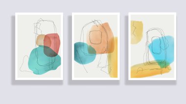  Modaya uygun bir suluboya seti. Minimalist, soyut el boyası çizimleri. Soyut kompozisyonlar çeşitli şekiller çizer. Duvar dekorasyonu, kartpostal ya da broşür kapağı tasarımı için harika. Vektör