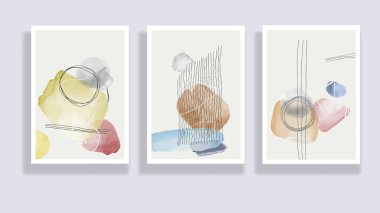  Modaya uygun bir suluboya seti. Minimalist, soyut el boyası çizimleri. Soyut kompozisyonlar çeşitli şekiller çizer. Duvar dekorasyonu, kartpostal ya da broşür kapağı tasarımı için harika. Vektör