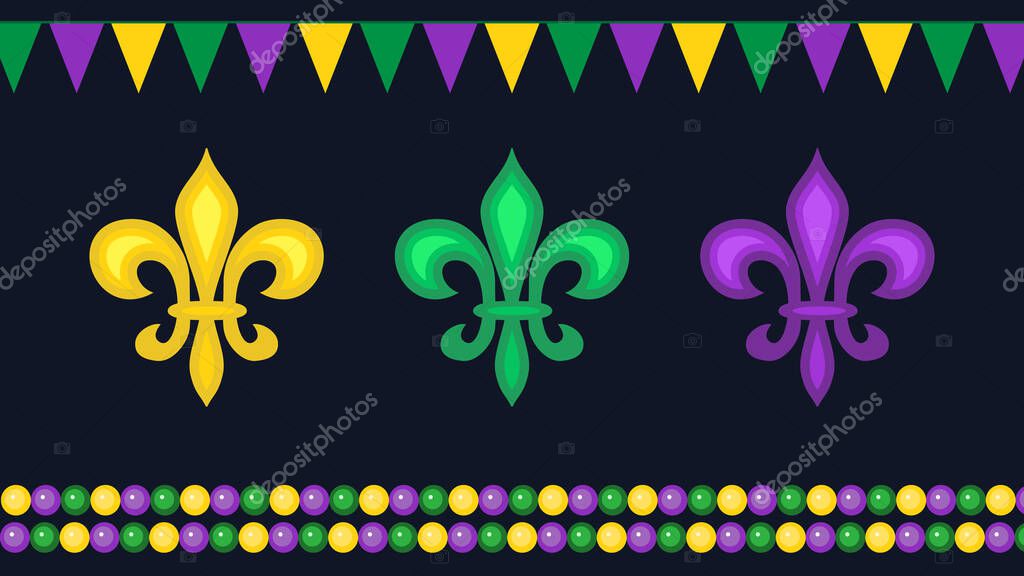 Beautiful yellow, green, purple Fleur-de-Lis lilies symbol, flag garlands and beads on black background. Venetian carnival Mardi Gras party. Great for posters, header for website. Vector