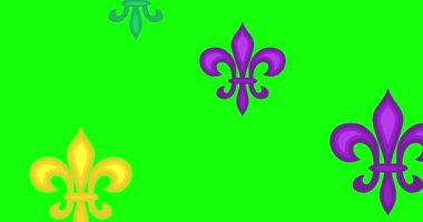 Animasyon güzel Fleur-de-Lis zambağı sembolü yeşil ekranda. Venedik karnavalı Mardi Gras selamlaması. Yeşil, sarı, mor elementli kusursuz döngülü video. Stok videosu