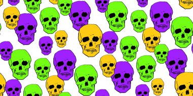 Çizgi roman tarzında florasan kafataslarının kusursuz komikliği. Moda çizgi film illüstrasyonlu Cadılar Bayramı deseni. Öldüğü gün stilize edilmiş insan kafatasının vektör çizimi.