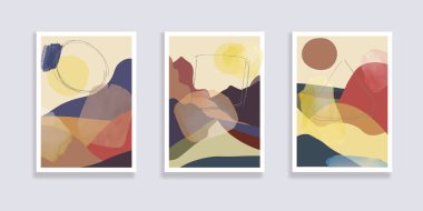Minimalist peyzaj soyut kompozisyonları seti. Geometrik doğaya sahip organik şekiller kolaj, deniz, gökyüzü, güneş, dağ manzarası. Duvar dekorasyonu, kartpostal ya da broşür kapağı için harika. Vektör