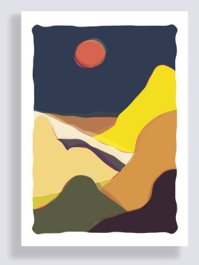 Minimalist peyzaj bileşimi. Orta çağ modern grafikleri. 70 'lerin retro funky grafikleri. Grunge dokusu. Seyahat ve turizm konsepti. Sosyal medya, blog, afiş, web şablonu için tasarım. Vektör