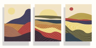 Bir dizi minimalist manzara. Orta çağ modern grafikleri. 70 'lerin retro funky grafikleri. Grunge dokusu. Seyahat ve turizm konsepti. Sosyal medya, blog, afiş, web şablonu için tasarım. Vektör