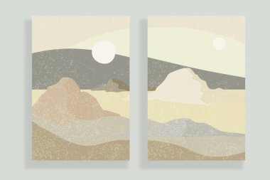  Minimalist peyzaj soyut kompozisyonları seti. Geometrik doğaya sahip organik şekiller kolaj, deniz, gökyüzü, güneş, dağ manzarası. Duvar dekorasyonu, kartpostal ya da broşür kapağı için harika. Vektör