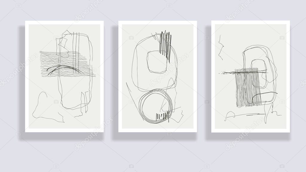  Trendy set of watercolor minimalistic abstract hand painted illustrations. Abstract compositions doodles various shapes. Great for design wall decoration, postcard or brochure cover design. Vector