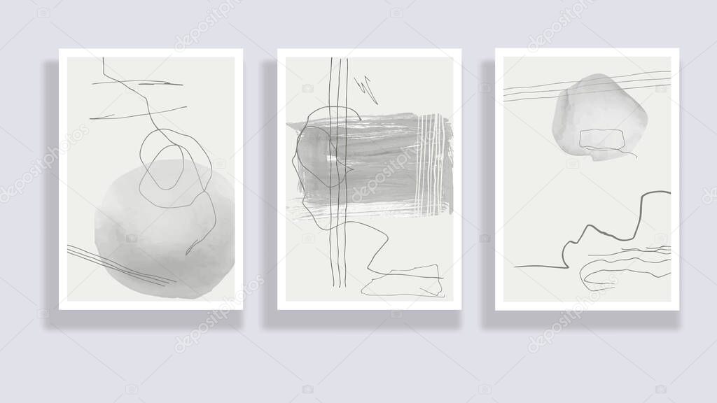  Trendy set of watercolor minimalistic abstract hand painted illustrations. Abstract compositions doodles various shapes. Great for design wall decoration, postcard or brochure cover design. Vector