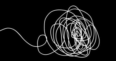  Animasyon beyaz eli karalamalar, karalamalar, siyah üzerine daireler çizmeler. Karalama ipliği kaotik soyut arkaplan çiziyor. Çizginin kendi kendine çizimi. Dinamik web tasarımı için stok video 4k
