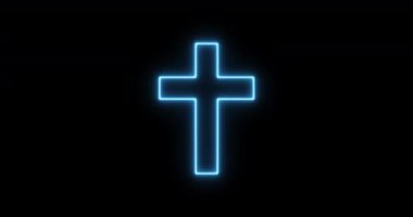 Parlayan neon renkli çizgi Hıristiyan haç simgesi siyah arka planda izole edildi. Kilise haçı. Din kavramı. Stock 4K video hareketi grafik canlandırması.