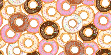 Üzerine tahıl serpiştirilmiş kusursuz desenli donut. Gerçekçi renkli donut. Tatil tasarımları için tasarım, parti, doğum günü, davetiye. Vektör