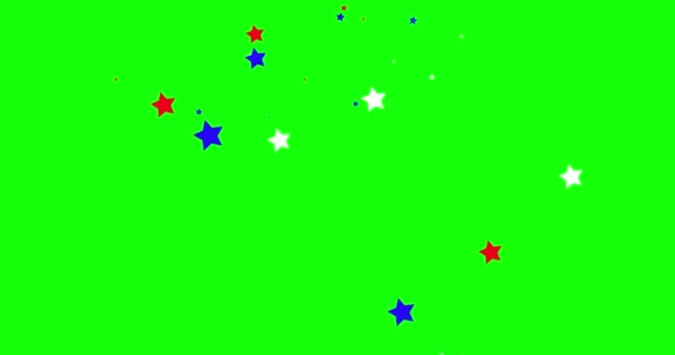 クロマキーを背景に 青のコンフェッティ星を飛行させるアニメーション 緑の画面の背景にアメリカの旗の色の飛行星 アメリカ独立記念日大統領の日記念の日 — ストック動画