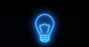 Parlayan neon hattı ışınlı ampul. Işınlar bir süre sonra görünür ve kaybolur. Siyah arkaplanda mavi neon bir sembol. Enerji ve fikir sembolü. 4K Video hareketli grafik canlandırması