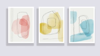 Modaya uygun bir suluboya seti. Minimalist, soyut el boyası çizimleri. Soyut kompozisyonlar çeşitli şekiller çizer. Duvar dekorasyonu, kartpostal ya da broşür kapağı tasarımı için harika. Vektör