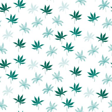 Beyaz üzerinde marihuana keneviri yaprakları bulunan yatay ve pürüzsüz bir desen. El yapımı kenevir yaprakları. Marihuana Yasallaştırma. Tekstil, ambalaj malzemeleri, afiş, web tasarımı için şablon. Vektör