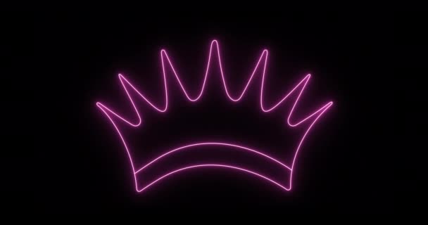 Glödande Neon Line Crown Ikon Isolerad Svart Skärm Symbol För — Stockvideo