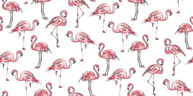Pembe flamingolu, tropik, pürüzsüz bir desen. Beyaz arka planda flamingo kuşlarının çizimi. Moda yaz tasarımı tekstil, duvar kağıtları ve web sayfaları için mükemmel. Vektör illüstrasyonu