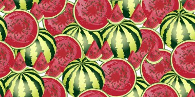 Karpuz dikişsiz desen, elle çizilmiş sulu karpuz dilimleri ve beyaz üzerine karpuz. Ulusal Karpuz Günü. Kumaş, ambalaj malzemeleri ve organik tarım ürünleri için ideal. Vektör