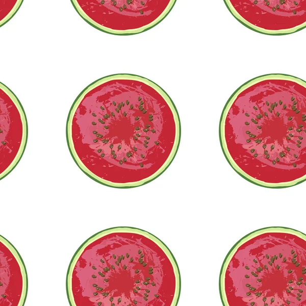 西瓜无缝图案 手绘多汁西瓜片 白色背景 全国西瓜日 理想的面料 包装材料 有机农产品的设计 — 图库矢量图片
