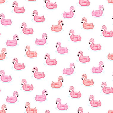 Pembe flamingolu pürüzsüz desen beyaz arka planda şişirilebilir. Havuz kenarında. Şişirilebilir renkli tek boynuzlu at. Yüzme çemberi. Gerçekçi bir yaz çizimi. Yaz dönemi tasarımı için vektör şablonu