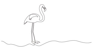 Flamingo kuşu tek sıra çiziyor. Beyaz arka planda tropikal kuş flamingosunun sürekli siyah çizimi. Moda yaz tasarımı. Vektör illüstrasyonu