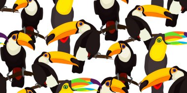 Toucan papağan kuşları ile tropik, pürüzsüz desen. Yaz tasarımı için vektör illüstrasyon, tropikal cennet, reklam tatili, kumaşlar, hayvanat bahçesi reklamı, doğa rezervi, vahşi yaşam hakkında kitaplar.