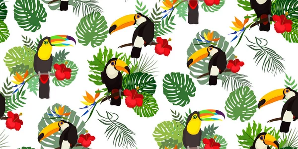 Tropisch Naadloos Patroon Met Heldere Tropische Vogel Toucan Groene Jungle — Stockvector