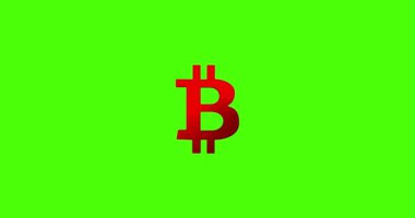 Yeşil arka planda izole edilmiş kripto para birimi kırmızı sembolü bitcoin. Dönen altın metal sembolü, pürüzsüz döngü 3D animasyon. Engelleme teknolojisi. 4k video grafik canlandırması