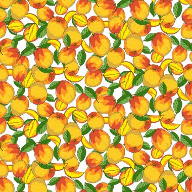 Sevimli mango pürüzsüz desen. Olgun mango, erik lobu ve beyaz arka planda yapraklar. Duvar kağıtları, web sayfası geçmişi, yüzey dokuları, tekstil için mükemmel. Vektör illüstrasyonu