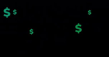 Siyah ekranın üzerine yeşil dolar işaretleri düşüyor. Amerikan doları ile hareketsiz döngü modeli. Tasarım reklamın için kullanılabilir, Amerikan dolarının pankartı. 4K video grafik canlandırması