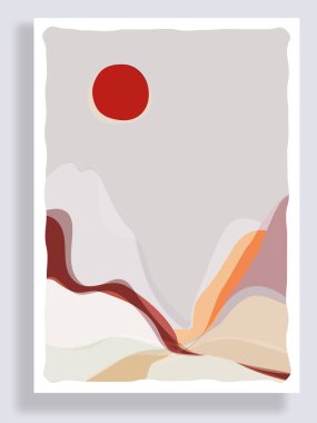 Minimalist peyzaj bileşimi. Orta çağ modern grafikleri. 70 'lerin retro funky grafikleri. Grunge dokusu. Seyahat ve turizm konsepti. Sosyal medya, blog, afiş, web şablonu için tasarım. Vektör