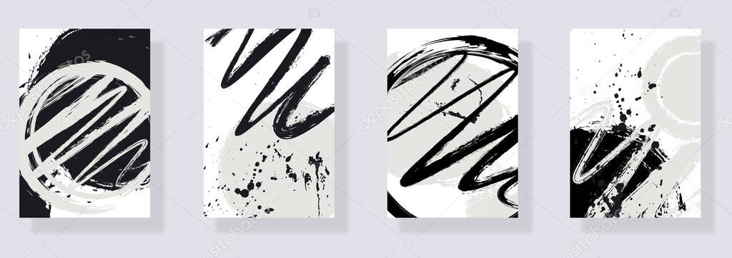 Trendy set of black red ink brush stroke on white background. Japanese style. Abstract compositions minimalistic style. Vector brushes illustration for design element