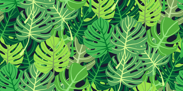 Vector seamless pattern with tropical monstera leaves of different colorful shades on white background. Exotic botanical design for textile, wallpaper, website, wrapping paper, hawaiian style shirt