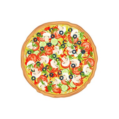 Salatalıklı vejetaryen pizza, mantar, domates, dolmalık biber, zeytin ve fesleğen. Geleneksel İtalyan fast food. Üst manzara yemeği beyaz arkaplanda izole edilmiş. Çizgi film düz stili. Vektör illüstrasyonu