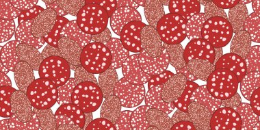 Beyaz arka planda çeşitli salam sosisleri dilimlenmiş kusursuz desen. Manzaralı yemek. Çizgi film düz stili. Vektör illüstrasyonu