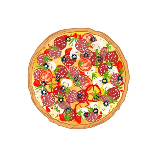 配上腊米片 西红柿 橄榄和罗勒的比萨 意大利传统快餐 顶部视图餐隔离在白色背景 卡通平面风格 矢量说明 — 图库矢量图片