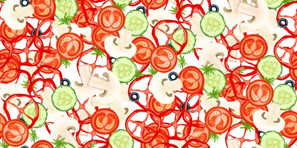 ピザの材料とシームレスなパターン 白い背景にサラミ作品 キノコ トマト ピーマン オリーブ バジル 伝統的なイタリアのファーストフード 漫画のフラットスタイル ベクトル — ストックベクタ