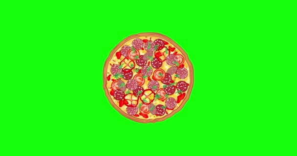 Pizza Con Trozos Salami Champiñones Tomates Pimientos Aceitunas Albahaca Comida — Vídeos de Stock