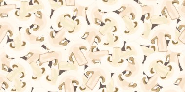  Siyaha izole edilmiş taze iştah açıcı şampiyon mantarları. Organik mantar bütün, dilimler halinde kesilmiş. Tekstil, ambalaj malzemeleri, duvar kağıtları, ambalajlar için şablon. Vektör